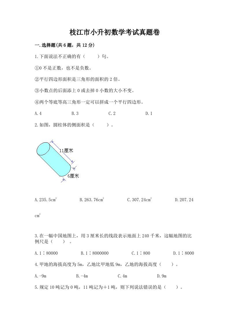 枝江市小升初数学考试真题卷必考题