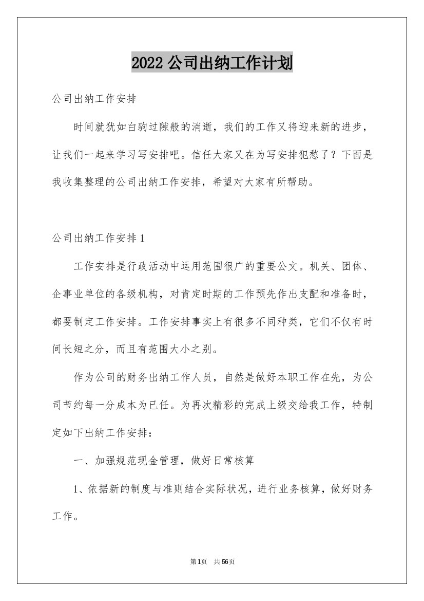 2022公司出纳工作计划