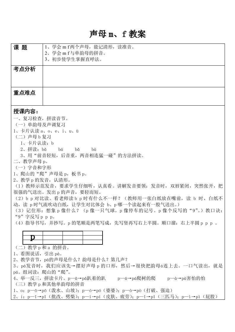 声母m、f教案