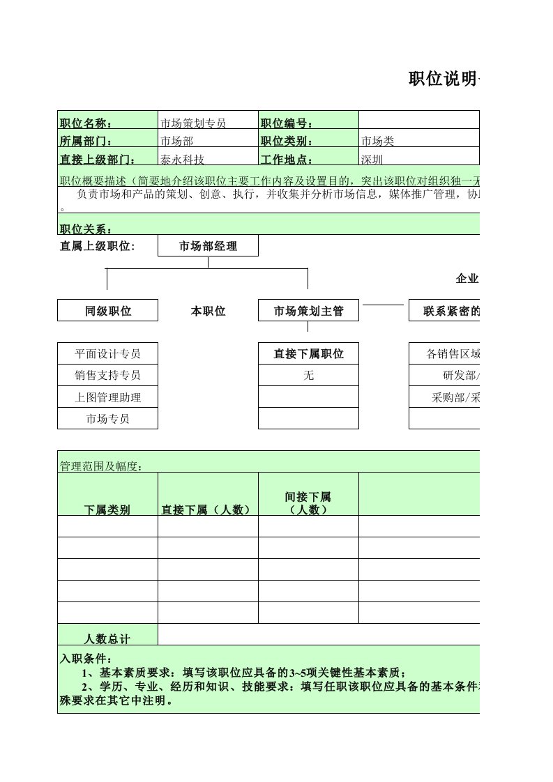 策划方案-市场策划专员职位说明书