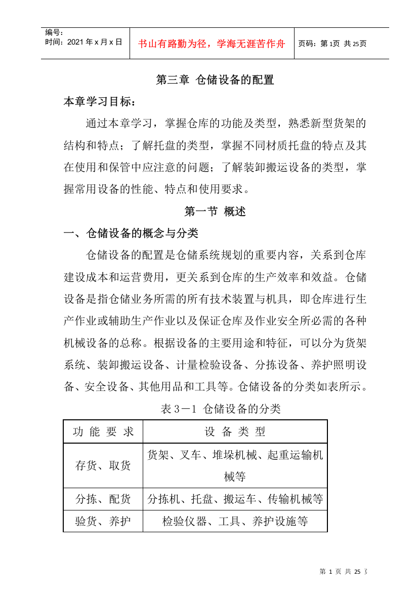 仓储管理人员必修教材第3章仓库生产设备配置