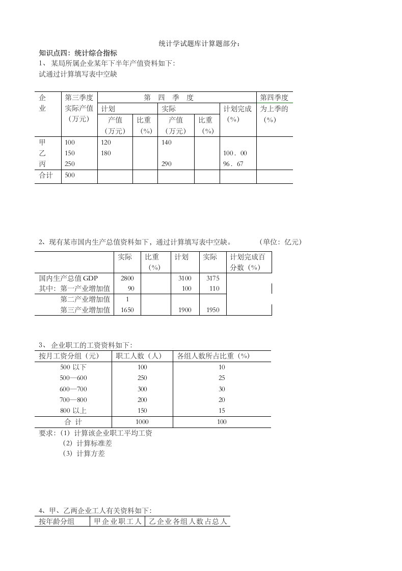 统计学试题库计算题部分-有关生产资料统计试题