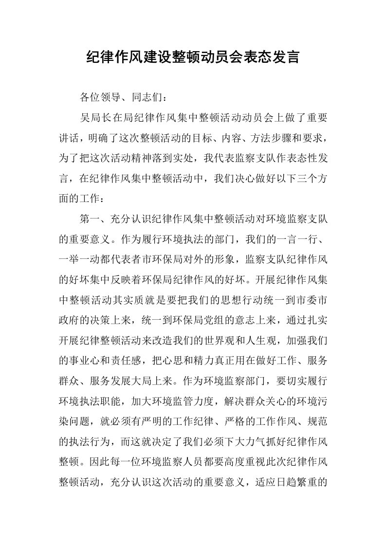 纪律作风建设整顿动员会表态发言