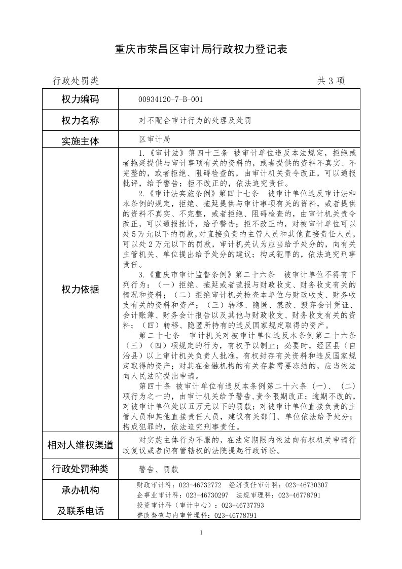 重庆荣昌区审计局行政权力登记表