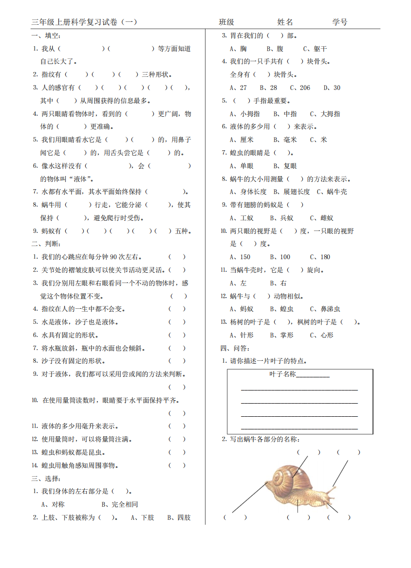 人教版小学三年级科学试卷