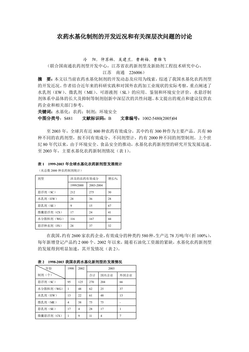 农药水基化制剂的开发近况和有关深层次问题的讨论资料