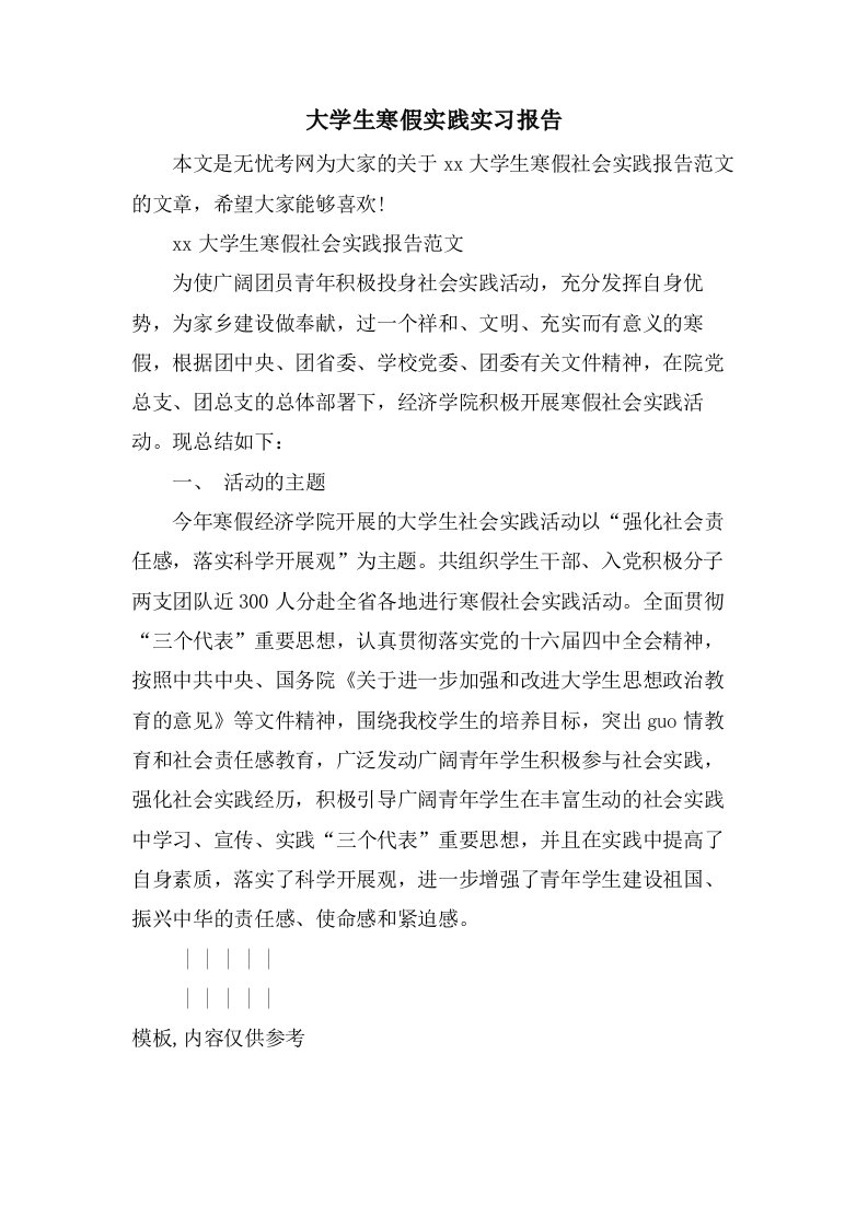 大学生寒假实践实习报告