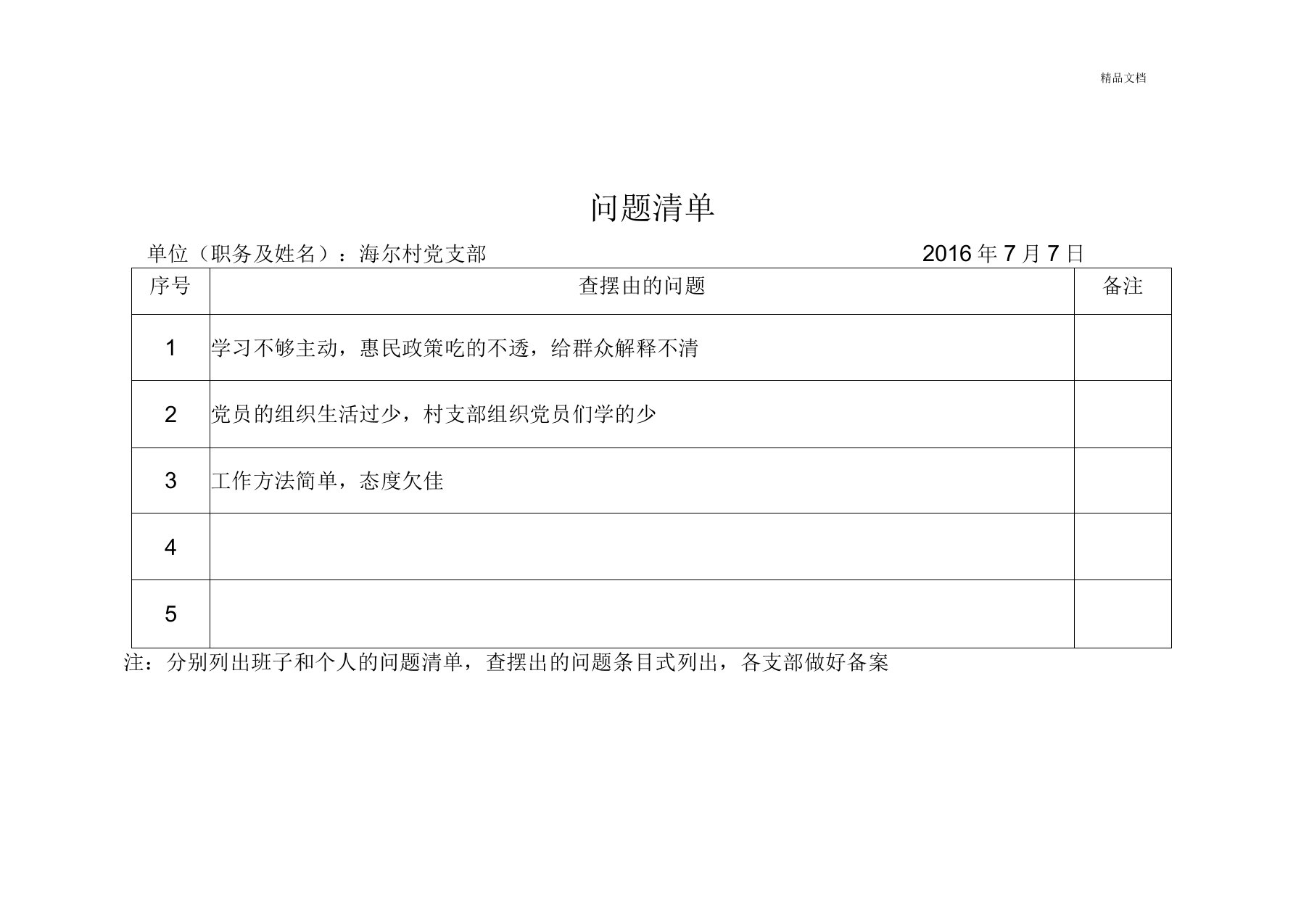 村党支部问题清单和整改清单