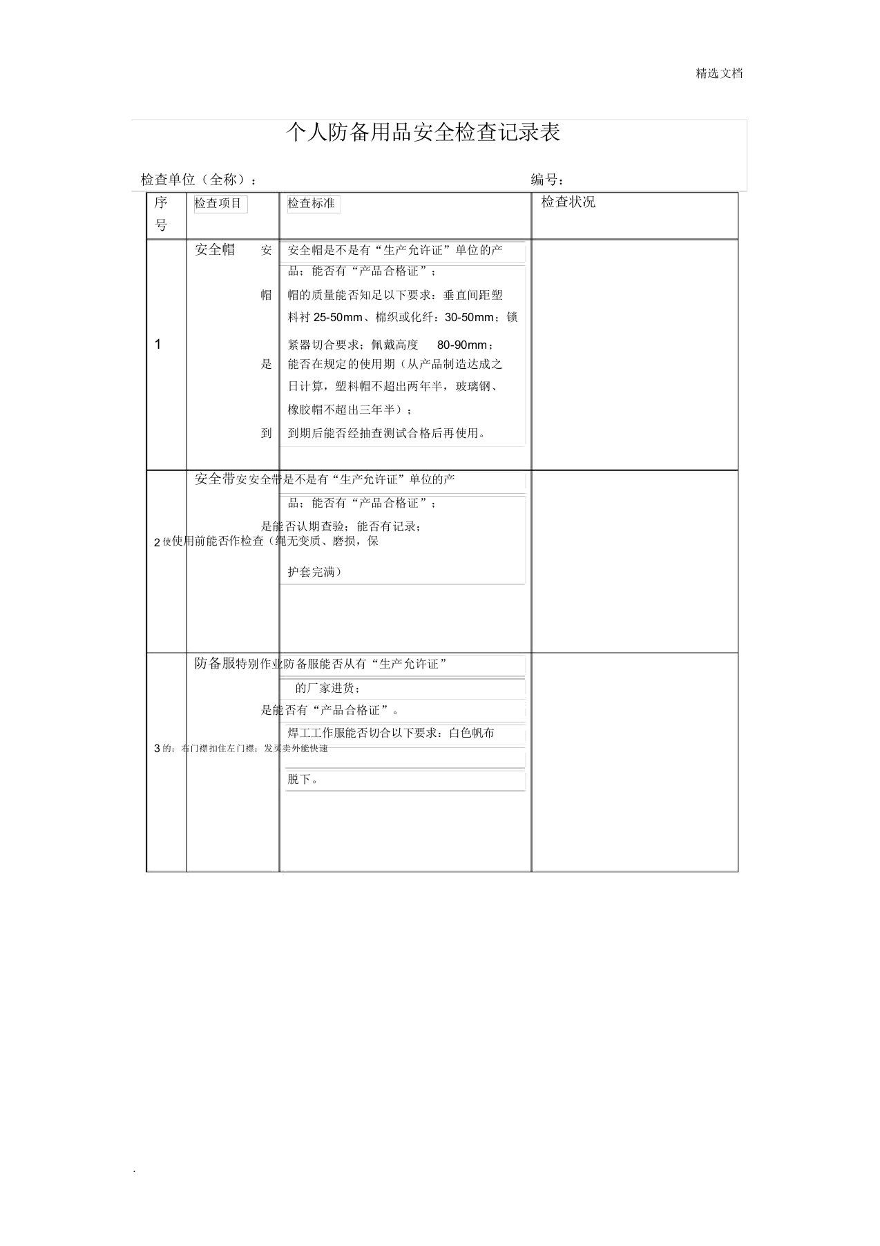 个人防护用品安全检查记录表格