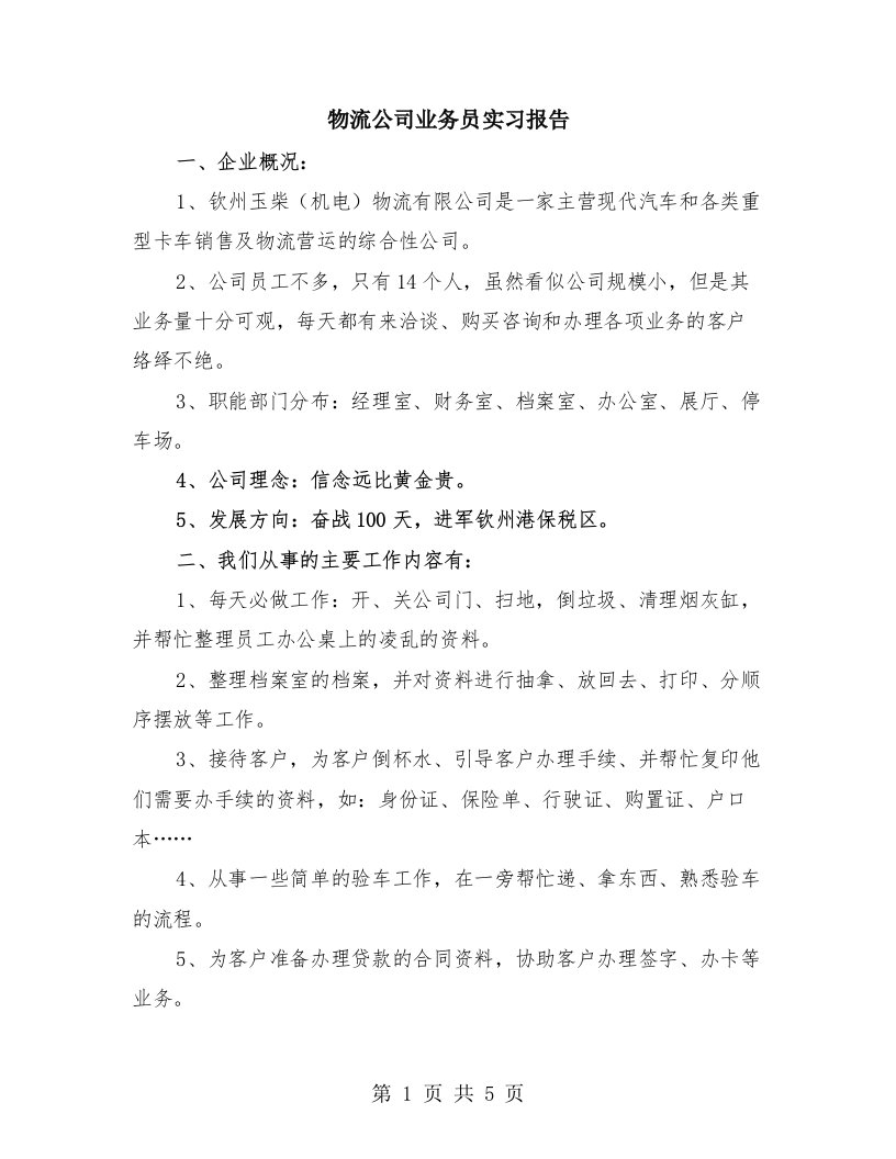 物流公司业务员实习报告