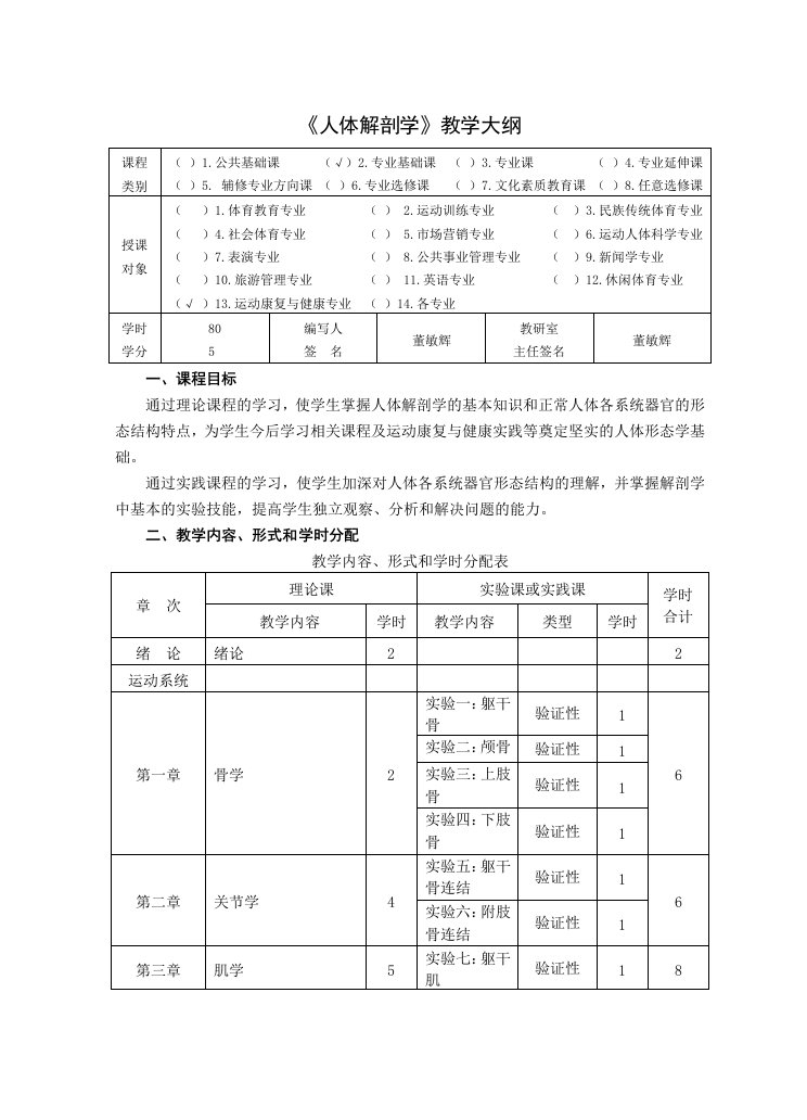 人体解剖学教学大纲