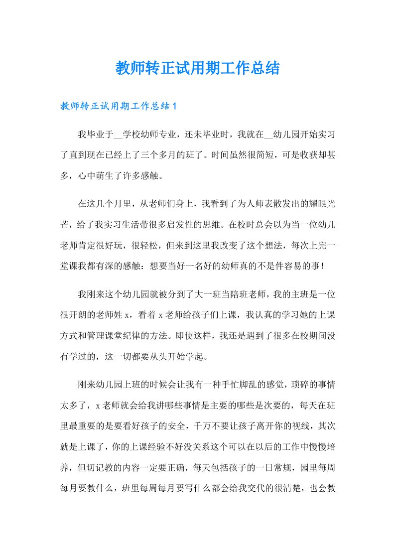 教师转正试用期工作总结