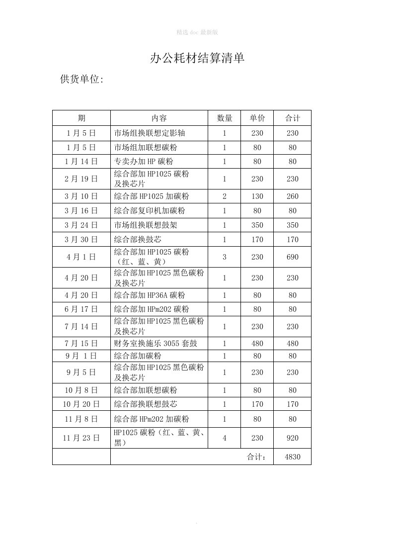 办公耗材结算单最新版本