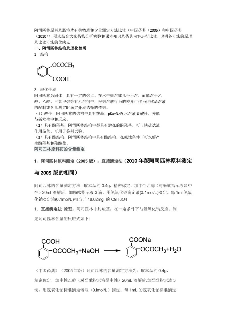 阿司匹林原料含量测定及有关物质检查