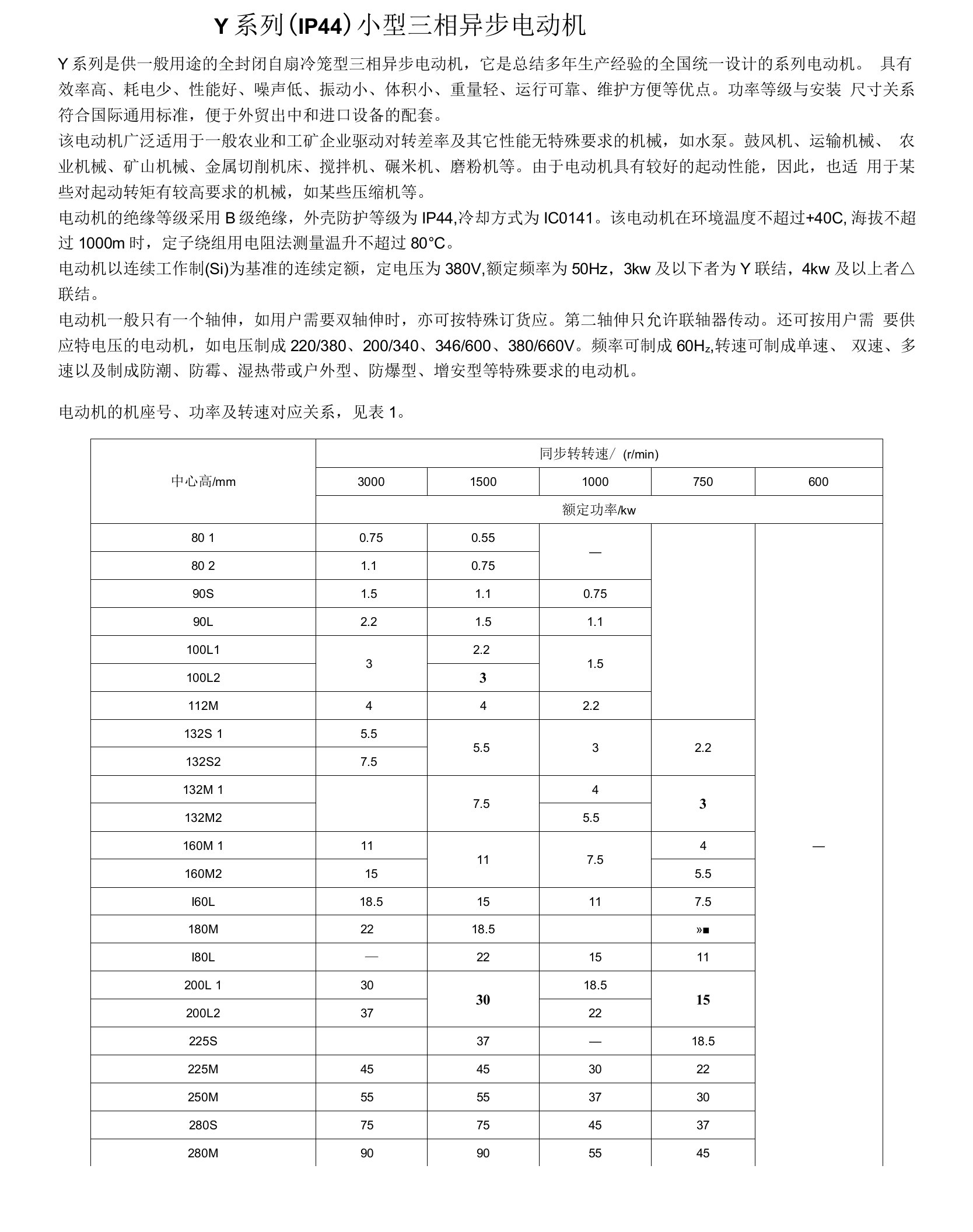 Y系列(IP44)小型三相异步电动机