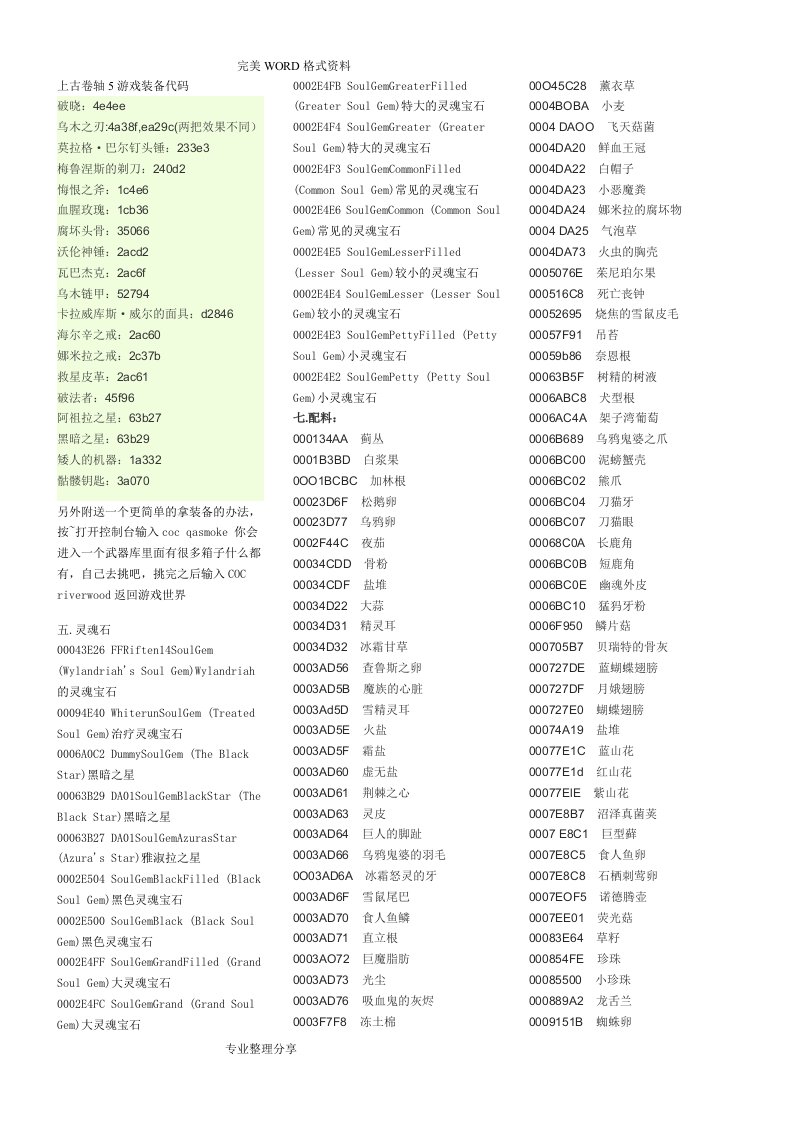 上古卷轴5装备代码