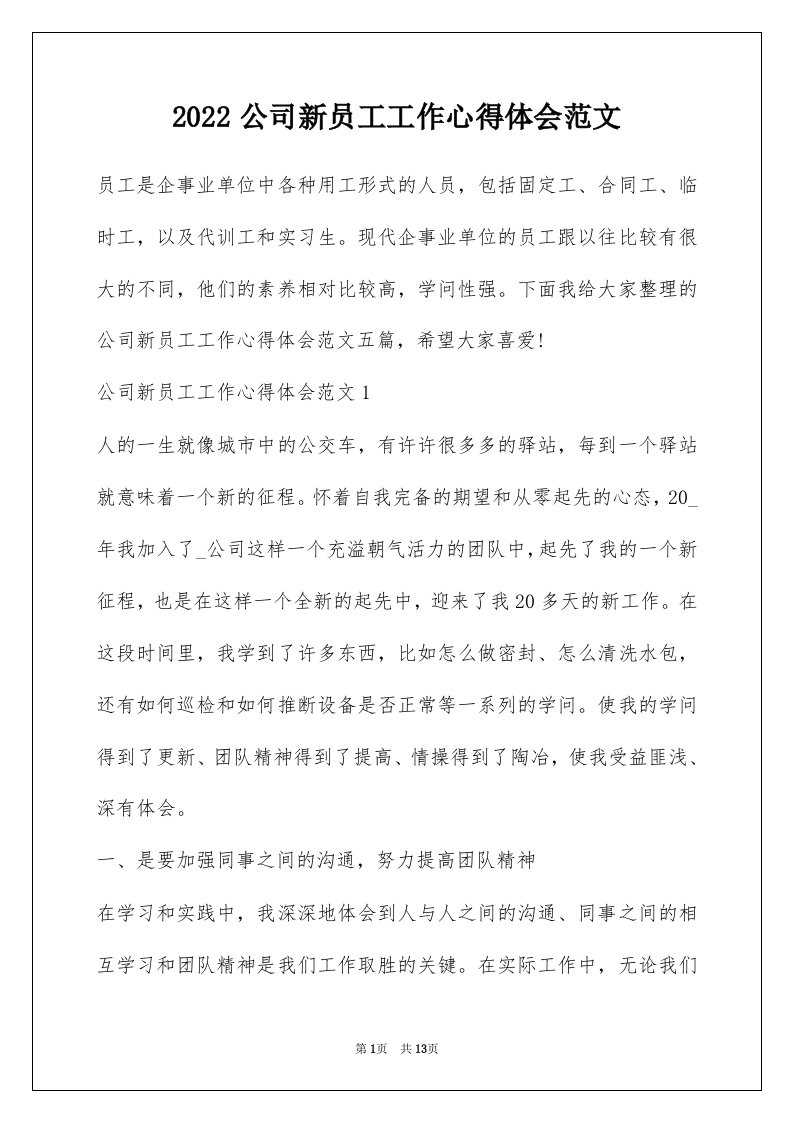 2022公司新员工工作心得体会范文