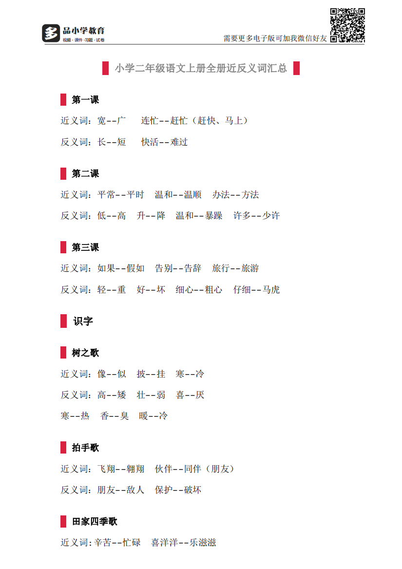 【小学精品】部编版小学二级语文上册全册近反义词汇总