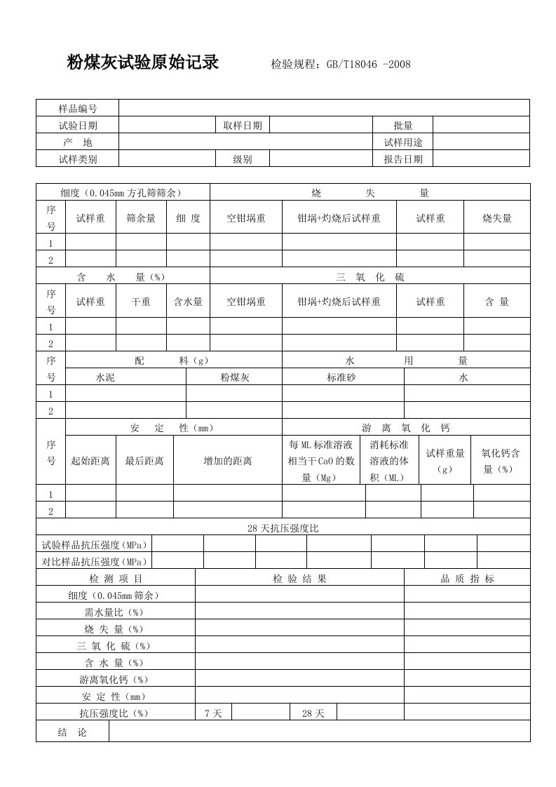 粉煤灰试验原始记录表