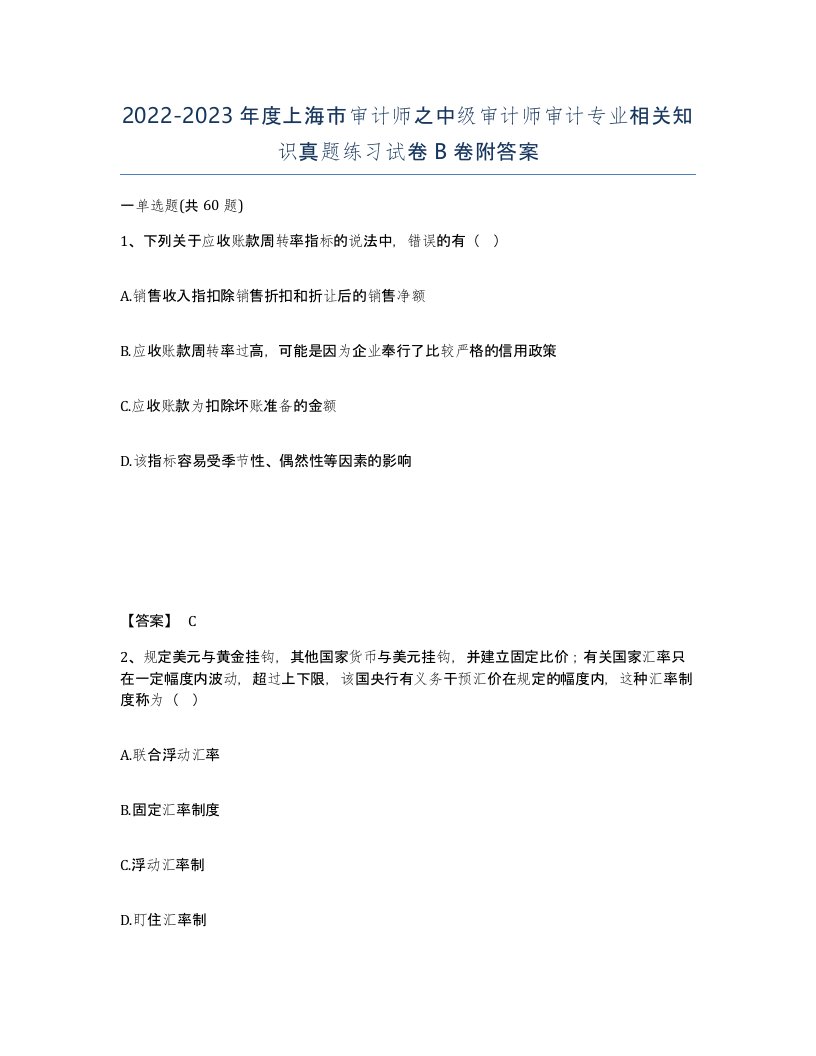 2022-2023年度上海市审计师之中级审计师审计专业相关知识真题练习试卷B卷附答案