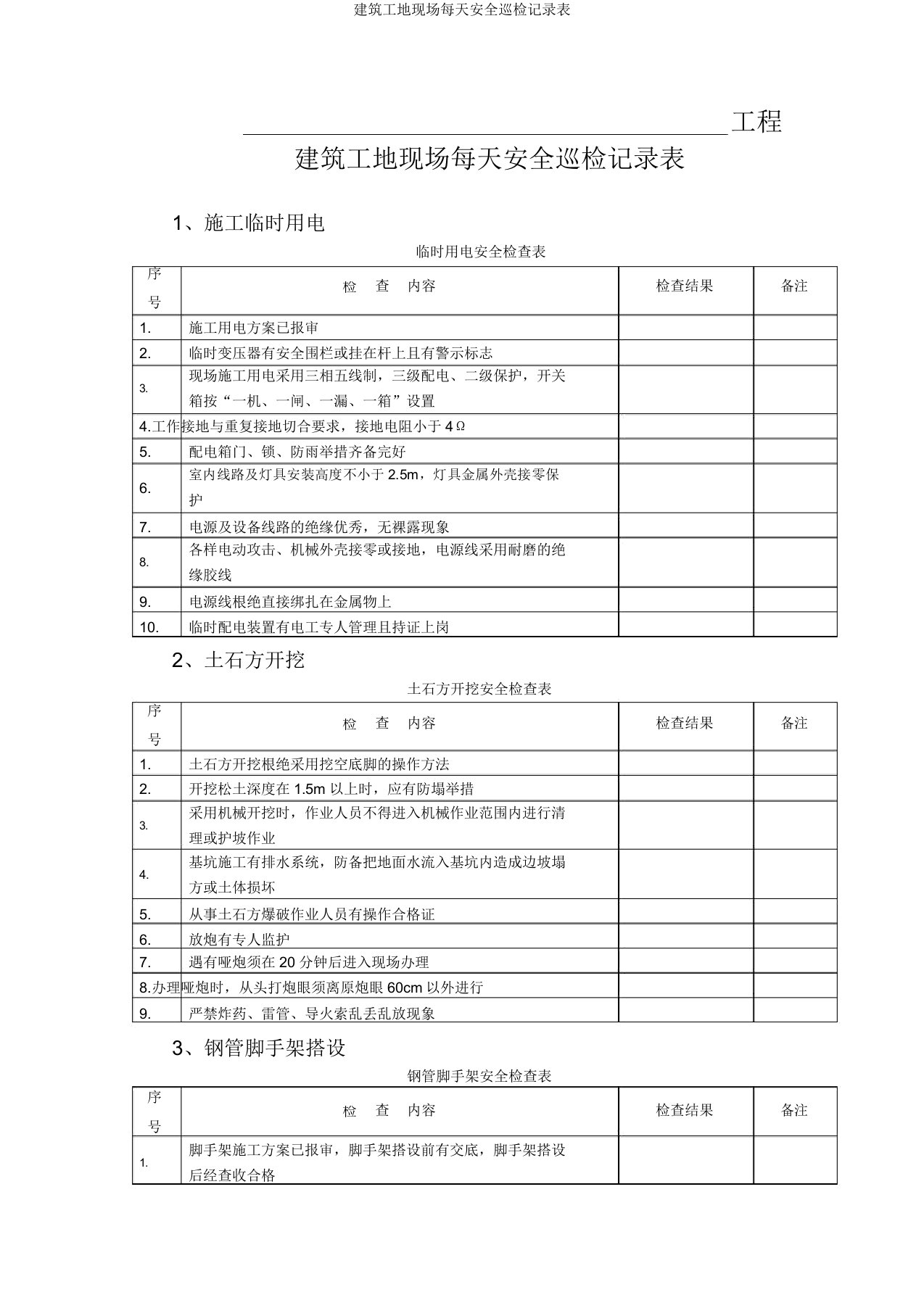 建筑工地现场每日安全巡检记录表