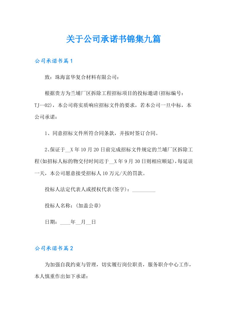 关于公司承诺书锦集九篇