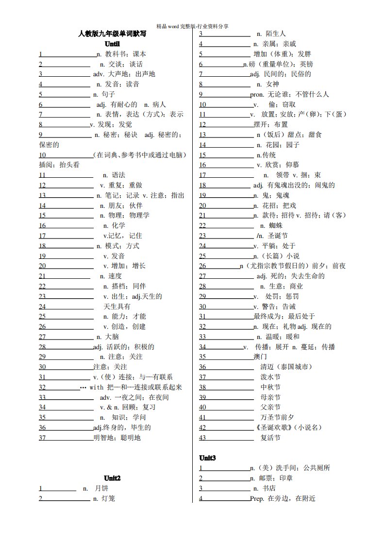 (完整)九年级英语单词默写表