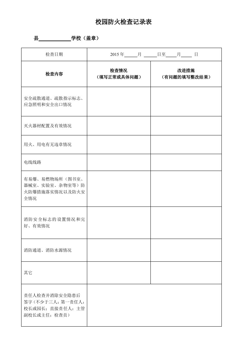 校园防火检查记录表