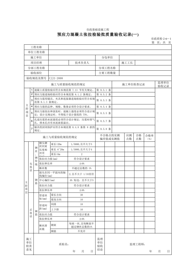 建筑工程-32006A预应力混凝土张拉检验批质量验收记录一