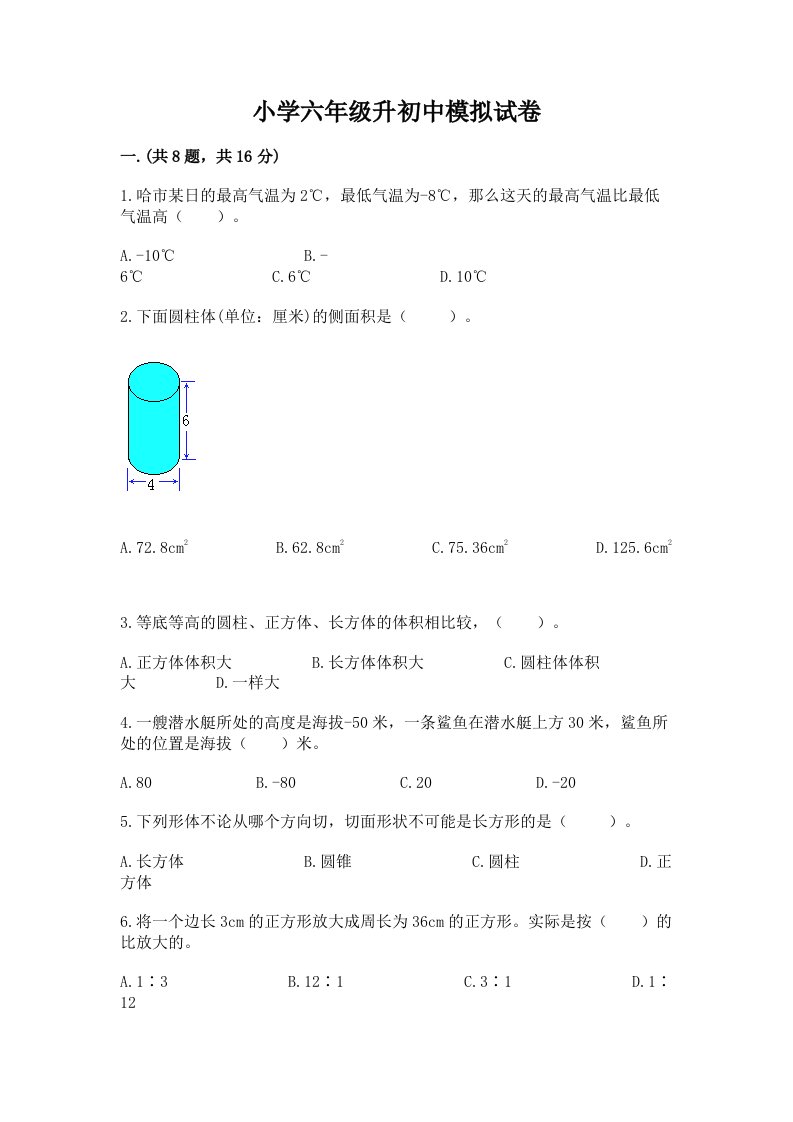 小学六年级升初中模拟试卷含答案（完整版）