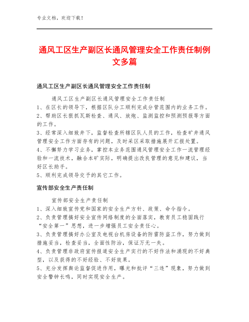 通风工区生产副区长通风管理安全工作责任制例文多篇