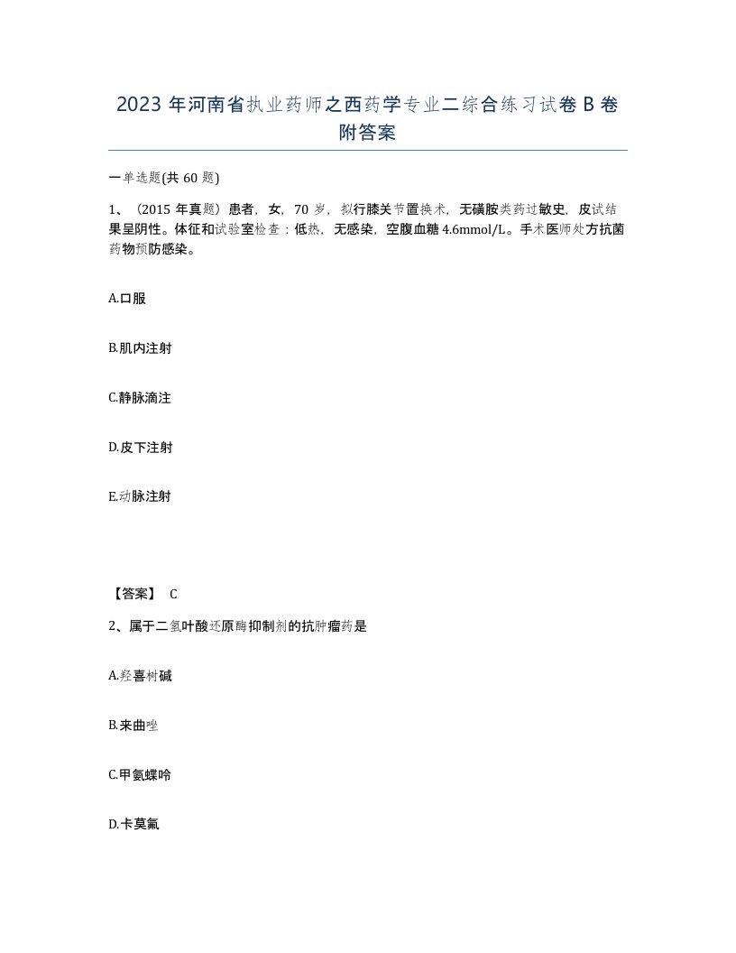 2023年河南省执业药师之西药学专业二综合练习试卷B卷附答案