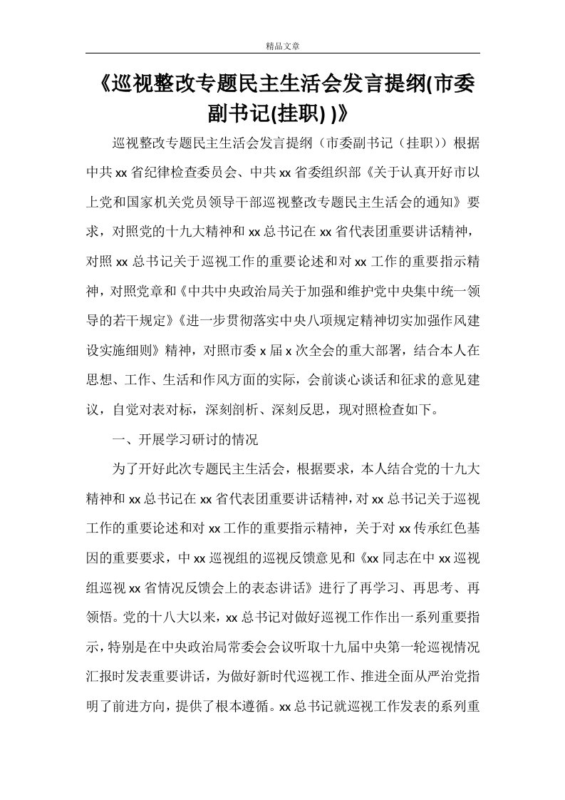 《巡视整改专题民主生活会发言提纲(市委副书记(挂职)