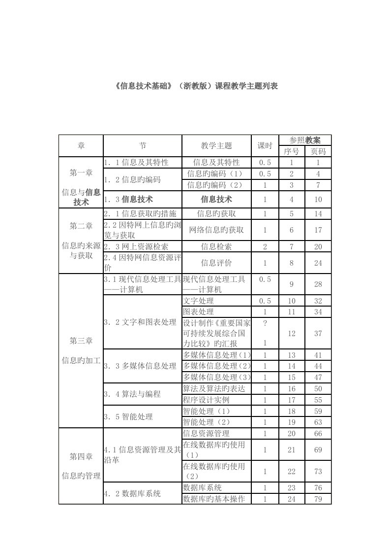 信息技术基础浙教版课程教案