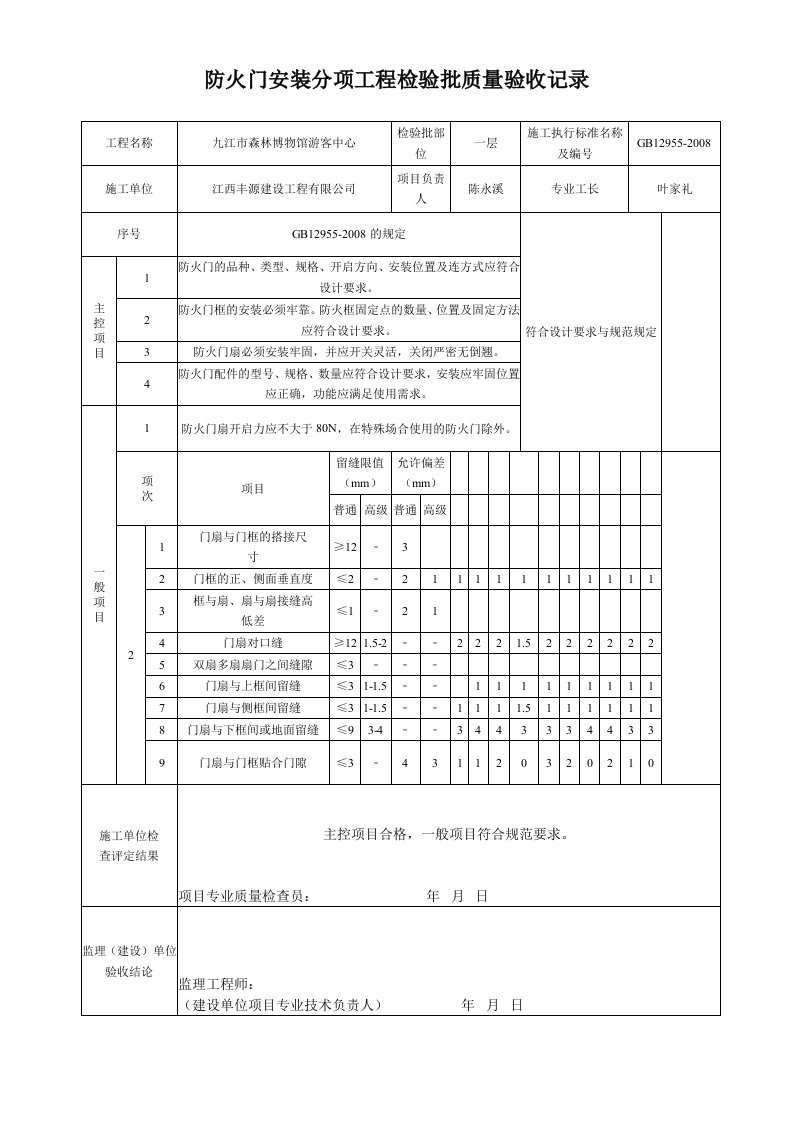 防火门安装分项工程检验批质量验收记录