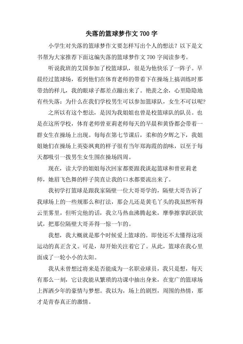 失落的篮球梦作文700字