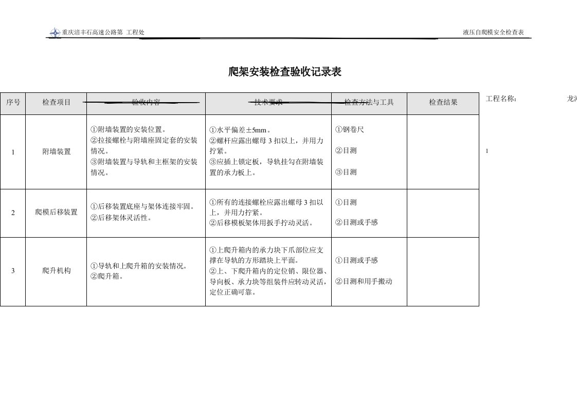 液压自爬模—爬架安装检查验收记录表