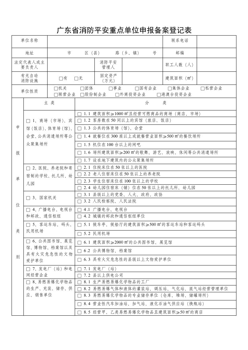 广东省消防安全重点单位申报备案登记表