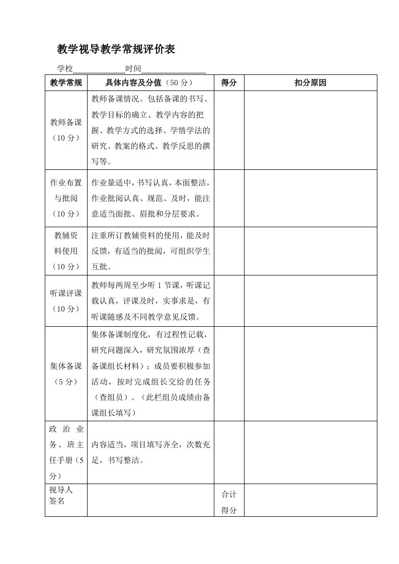 教学视导教学常规评价表