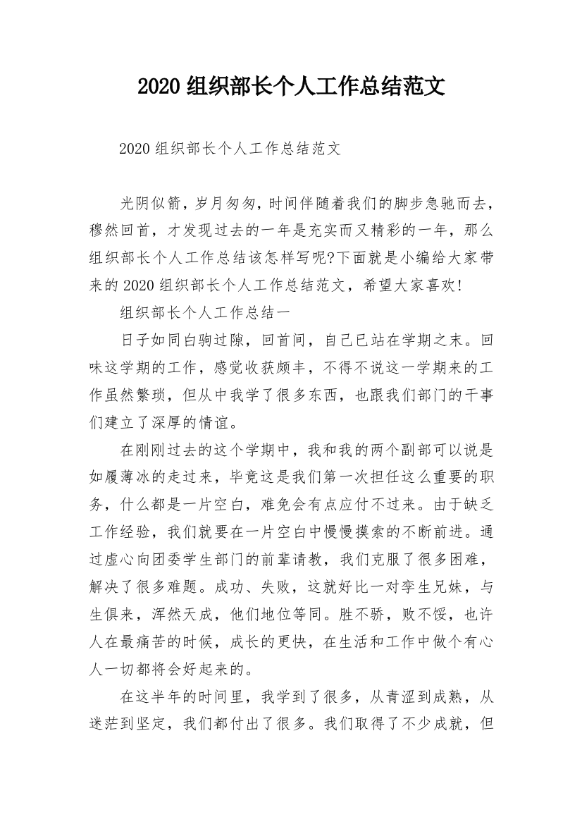 2020组织部长个人工作总结范文