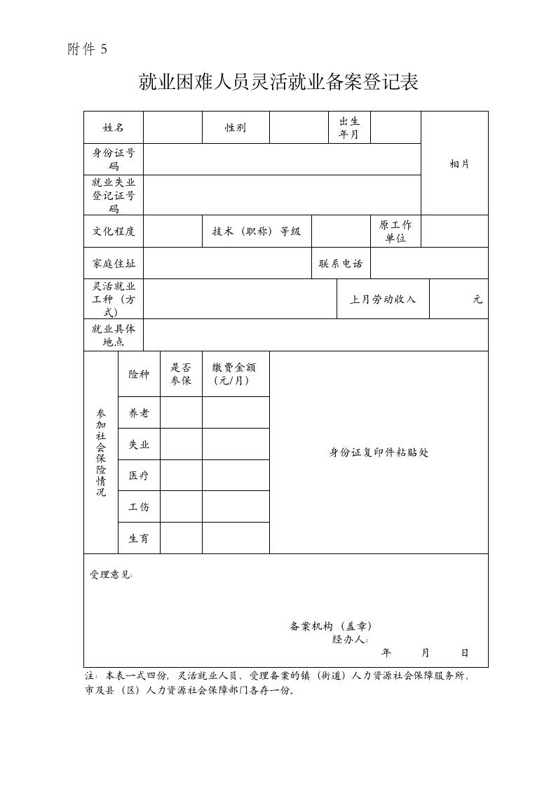 就业困难人员灵活就业备案登记表