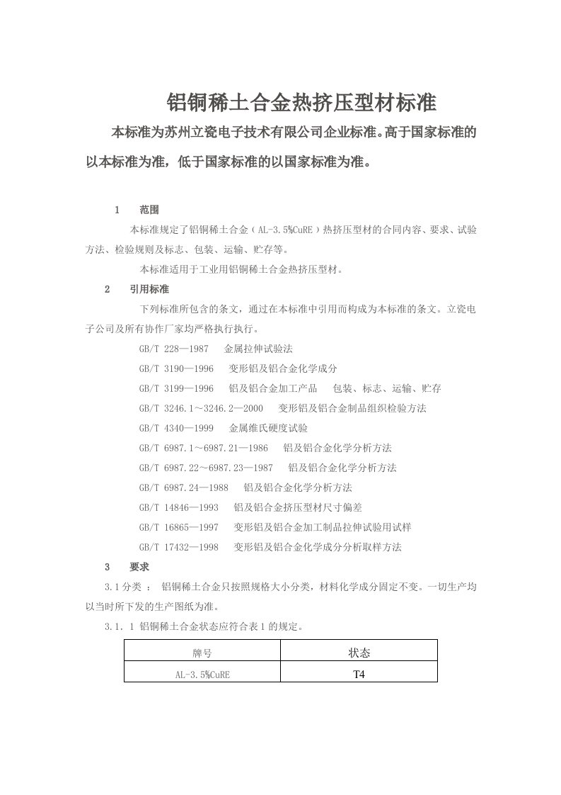 铝铜稀土合金挤压工艺标准