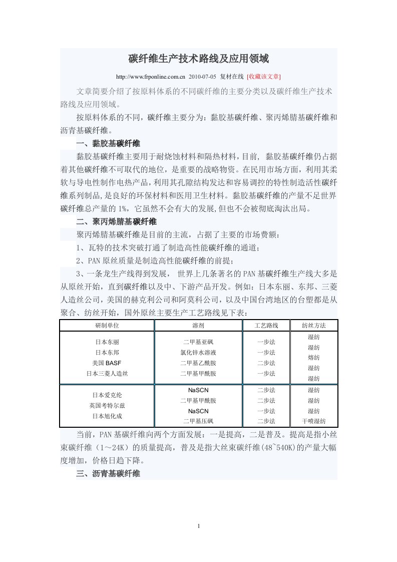 碳纤维生产技术路线及应用领域(doc