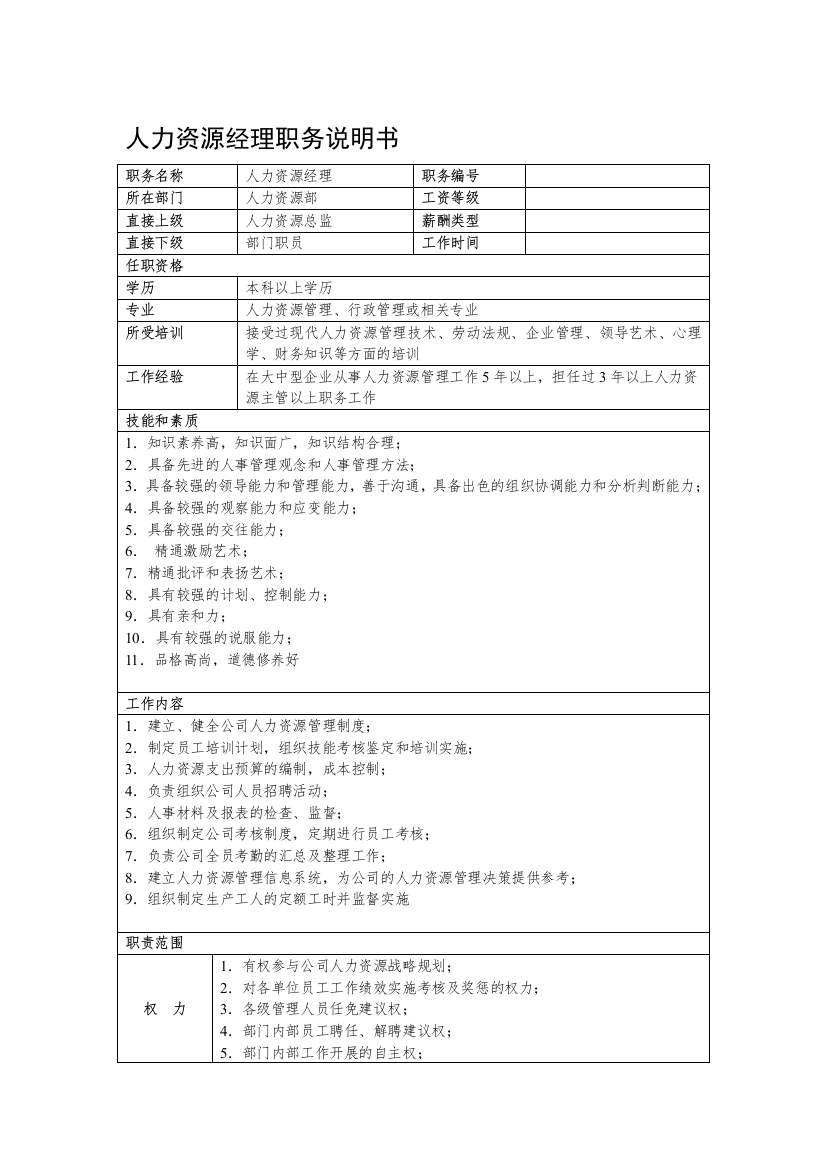 某房地产集团总公司人力资源经理职务说明书