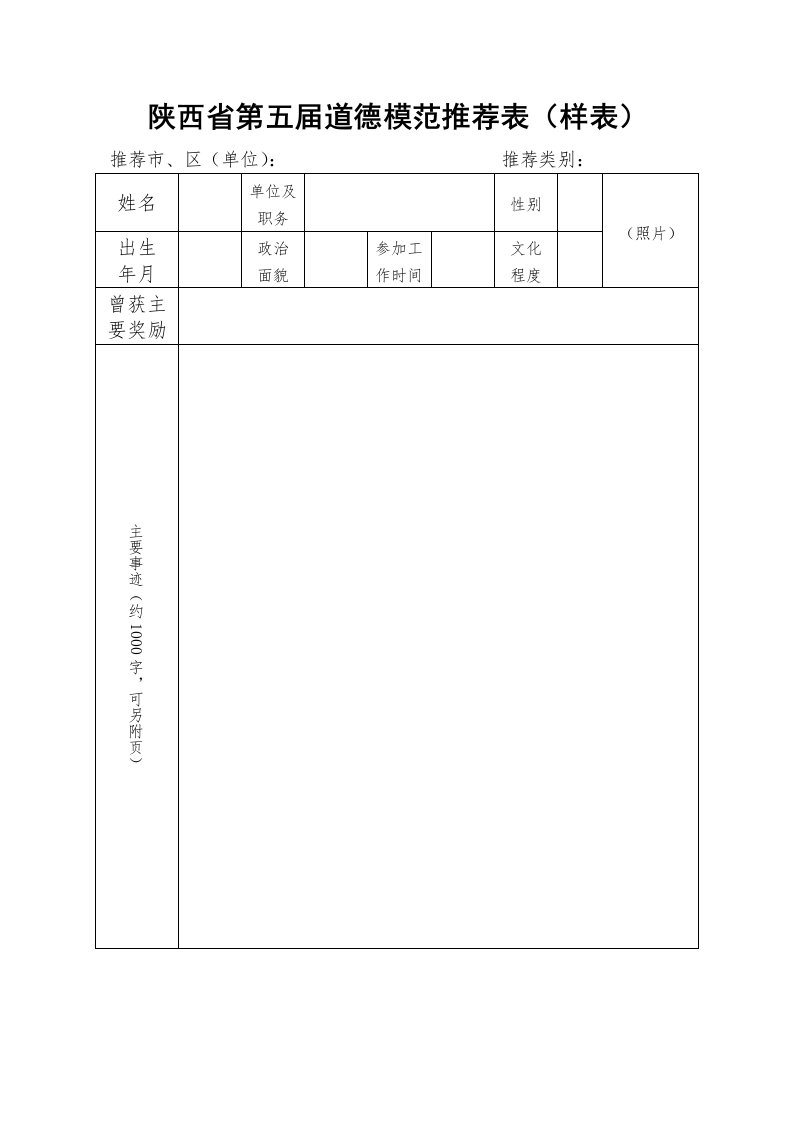 陕西省第五届道德模范推荐表(样表)