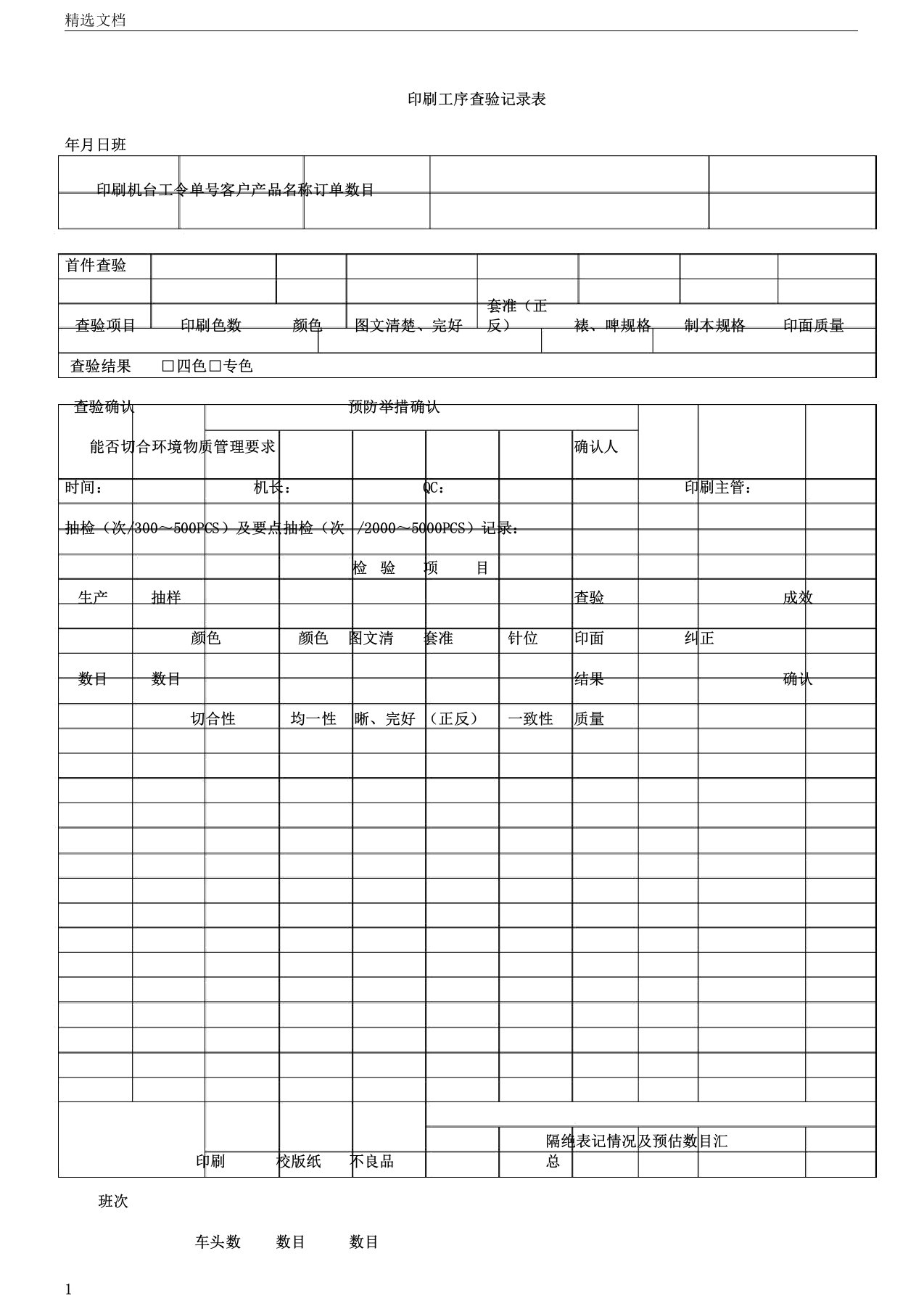 印刷工序检验记录表