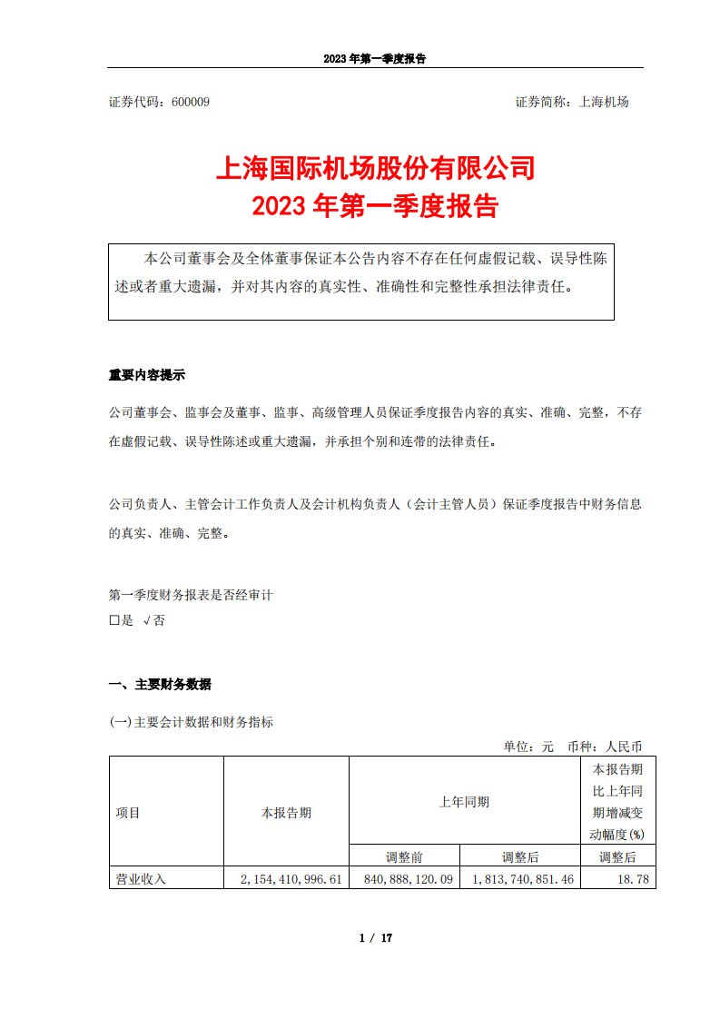 上交所-上海机场2023年第一季度报告-20230428