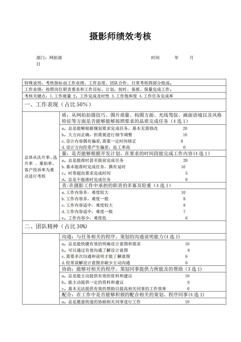 摄影师绩效考核表