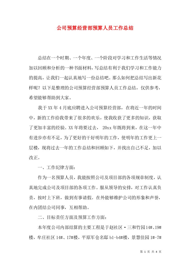 公司预算经营部预算人员工作总结