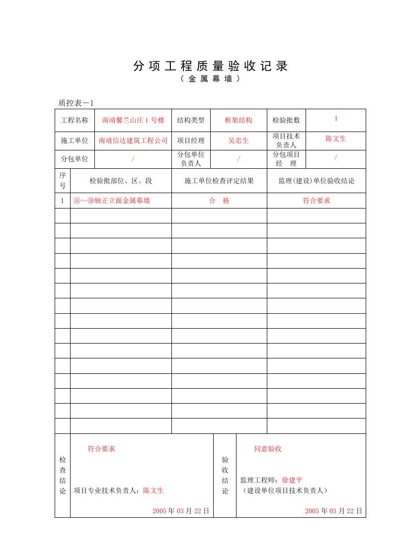 分项工程质量检验批表格填写实例汇编